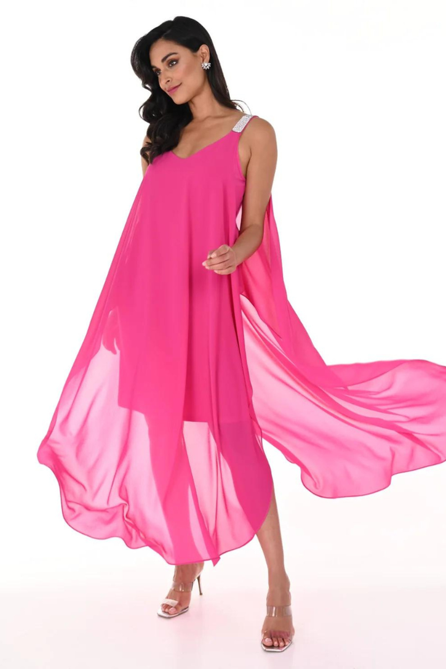Bright Pink Chiffon Overlay Dress Style 248003 – Tango Boutique