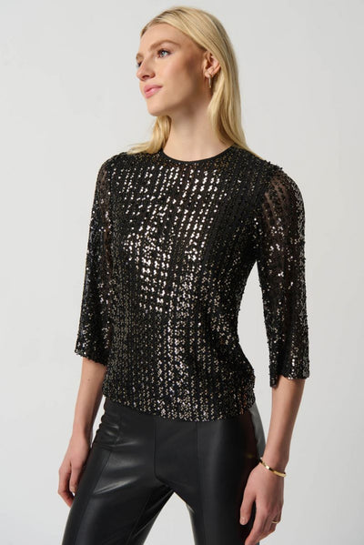 Joseph Ribkoff Black & Gold Sequin 3/4 Sleeve Top Style 234176 - Tango Boutique