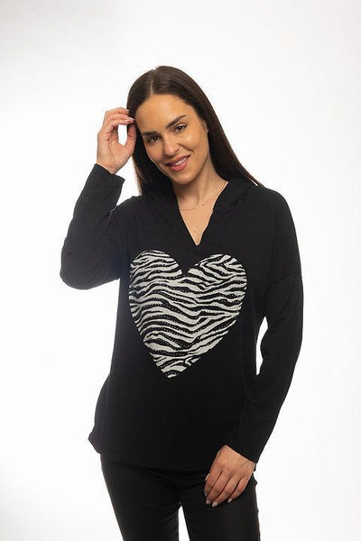 Black Zebra Heart Hooded Top Style 42851 - Tango Boutique