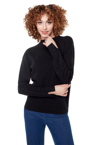 Carre Noir Black Rhinestone Sleeve Mock Neck Top Style 6547 - Tango Boutique