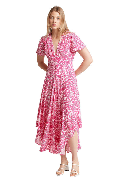 Carrie Noir Pink White Print Asymmetrical Hem Dress Style 6159 - Tango Boutique