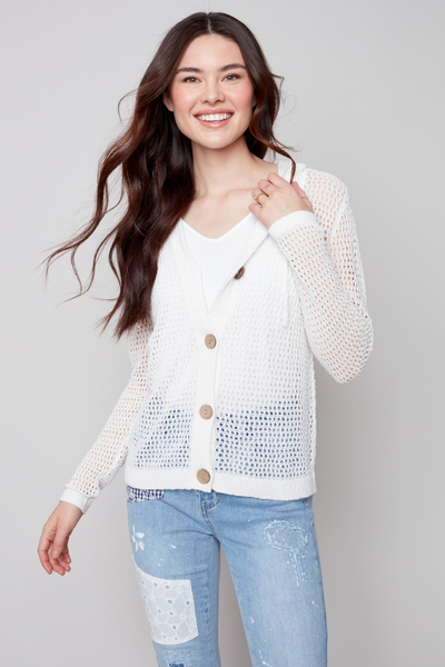 Charlie B White Boucle Yarn Hooded Sweater Cardigan Style C2490 - Tango Boutique