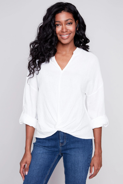 Charlie B White Bubble Cotton Blouse with Front Twist Style C4495 - Tango Boutique
