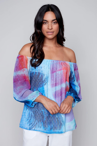 Claire Blue Multi Hike for Days Off the Shoulder Top Style 91440 - Tango Boutique