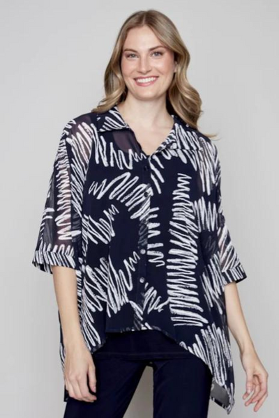 Compli K Navy & Ivory Brushstroke Asymmetrical Hem Blouse Style 33502 - Tango Boutique