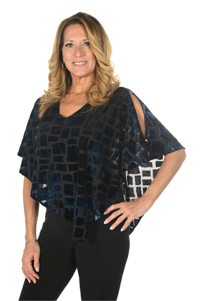 Frank Lyman Black & Blue Velvet Overlay Top Style 234420 - Tango Boutique