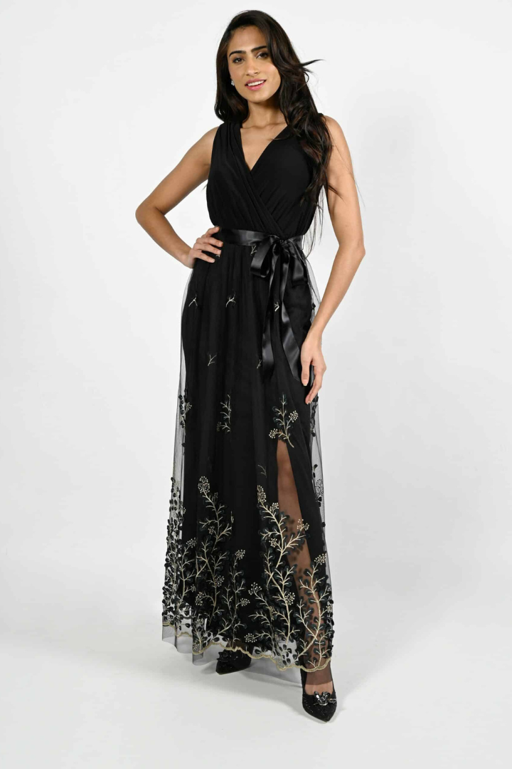 Frank Lyman Black & Gold Sheer Overlay Gown Style 227155 – Tango Boutique