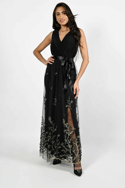 Frank Lyman Black & Gold Sheer Overlay Gown Style 227155 - Tango Boutique