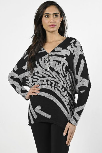 Frank Lyman Grey Black Print Front Zip Top Style 224169 - Tango Boutique