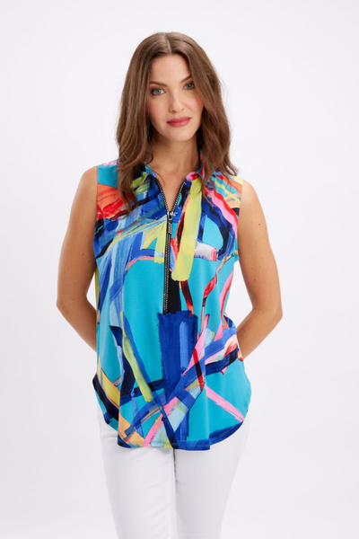 Frank Lyman Turquoise Multi Printed Zip Front Top Style 246132 - Tango Boutique