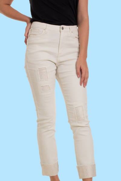 Ivory Embellished Patch Jean Style 91859 - Tango Boutique