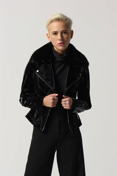 Joseph Ribkoff Black Faux Fur Accent Moto Jacket Style 233928 - Tango Boutique