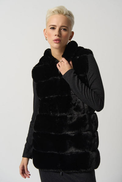 Joseph Ribkoff Black Faux Fur Hooded Reversible Vest Style 233921 - Tango Boutique