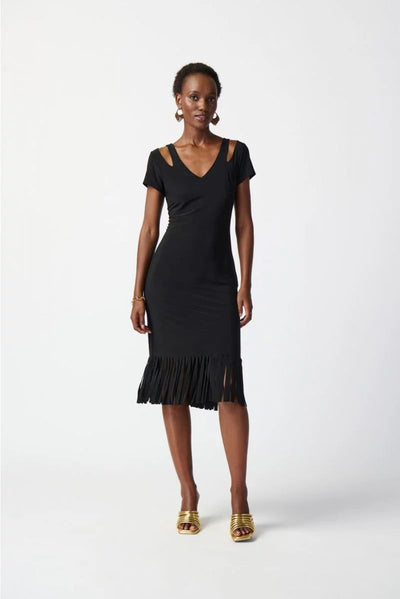 Joseph Ribkoff Black Fringe Hem Dress Style 241053 - Tango Boutique