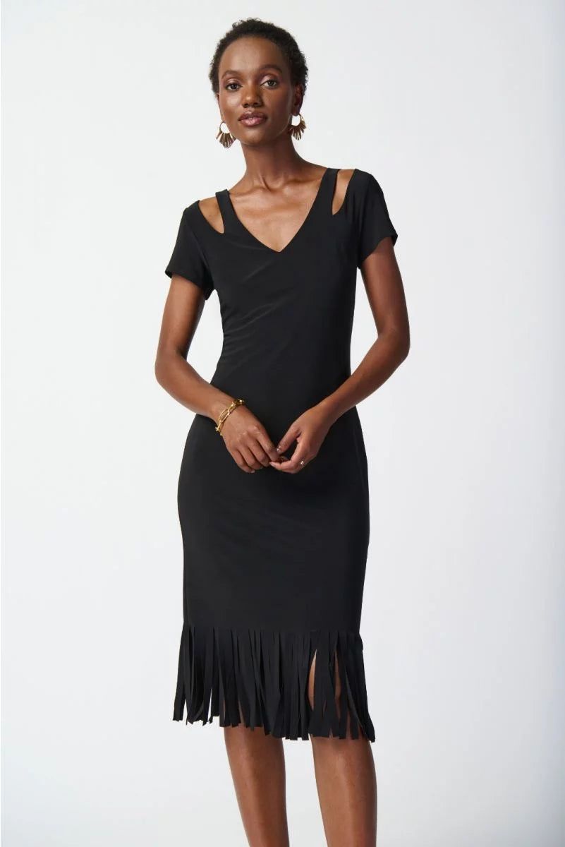 Joseph Ribkoff Black Fringe Hem Dress Style 241053 Tango Boutique