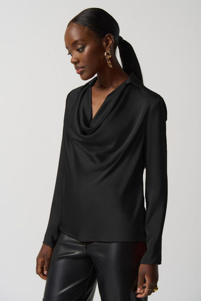 Joseph Ribkoff Black Satin Cowl Neck Blouse Style 233136 - Tango Boutique