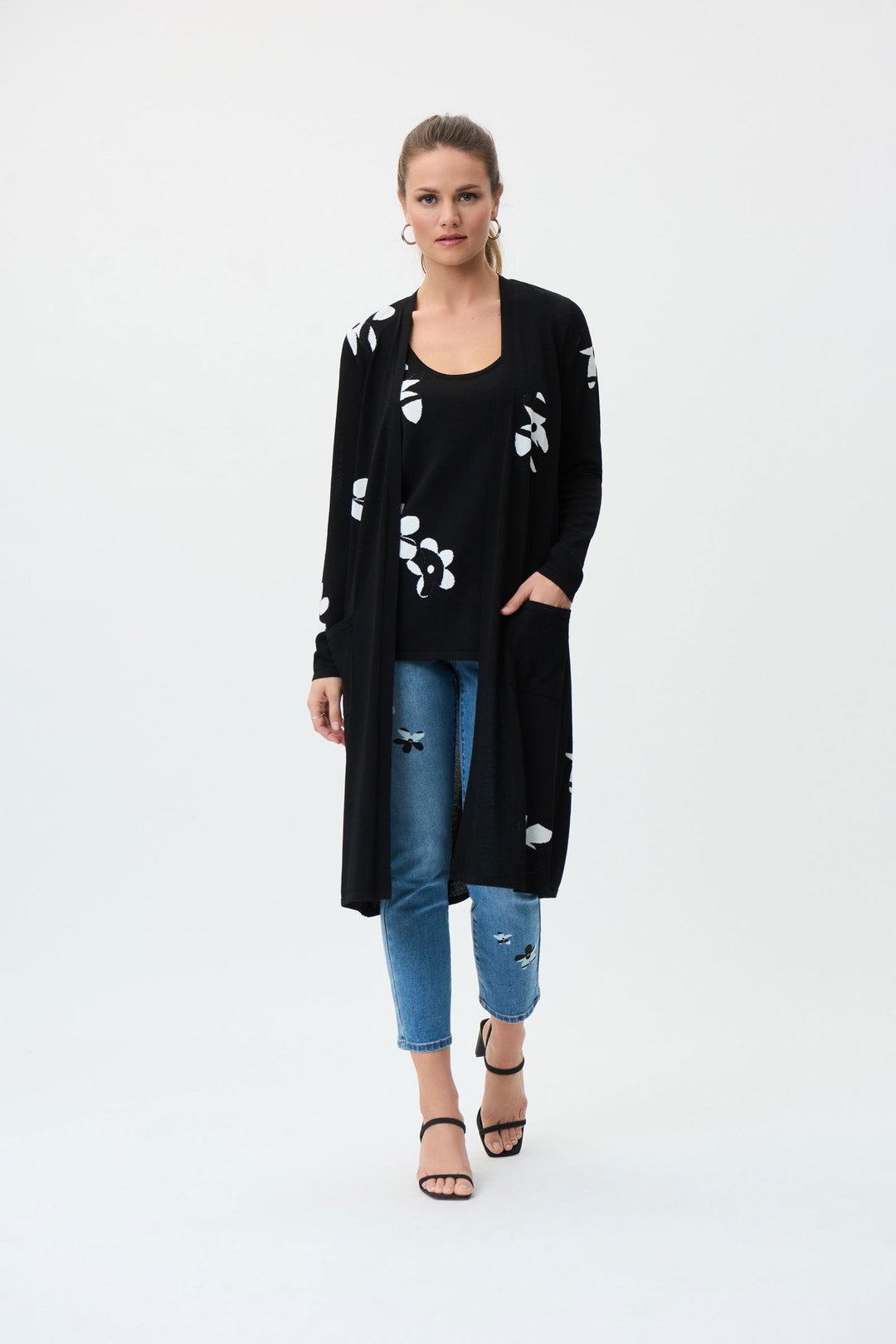 Joseph Ribkoff Black Vanilla Flower Print Long Cardigan Cami Style 2 Tango Boutique