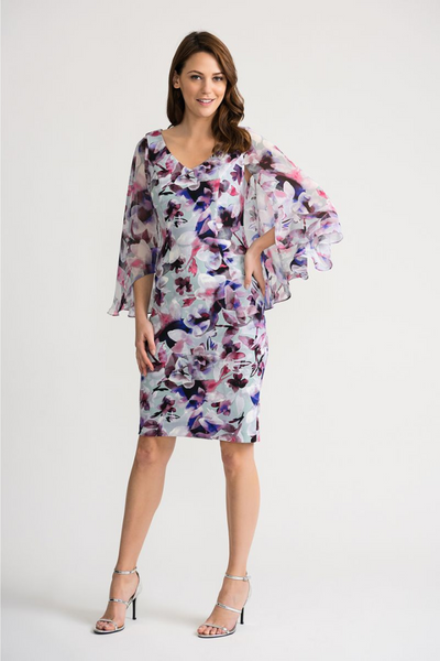 Joseph Ribkoff Grey Multi Floral Print Dress with Sheer Back Cape Style 202019 - Tango Boutique