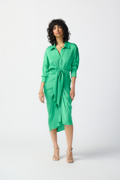 Joseph Ribkoff Island Green Front Tie Satin Blouse Dress Style 241236 - Tango Boutique