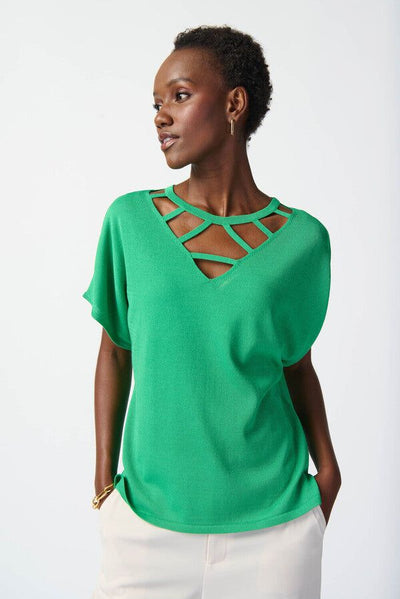 Joseph Ribkoff Island Green Knit V Neck Top Style 241915 - Tango Boutique
