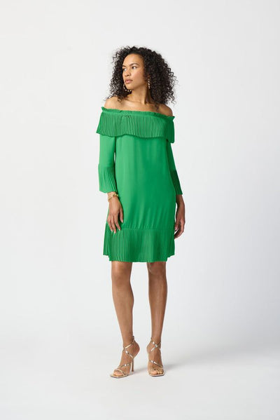 Joseph Ribkoff Island Green Off the Shoulder Pleated Dress Style 241907 - Tango Boutique
