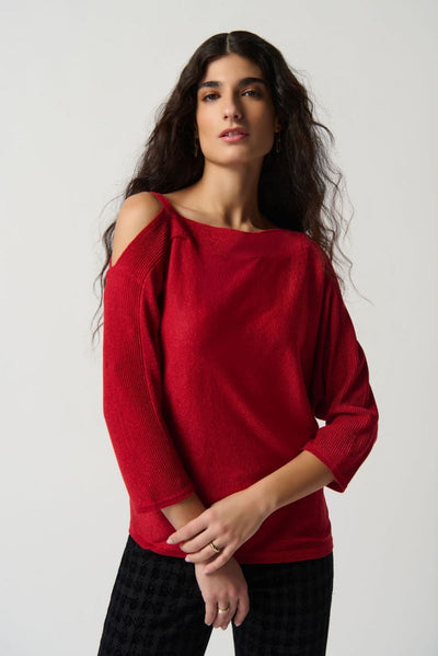 Joseph Ribkoff Lipstick Red Shimmer Peekaboo Knit Top Style 234916 - Tango Boutique