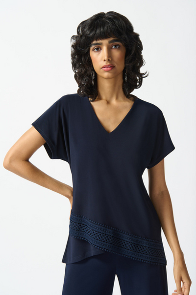 Joseph Ribkoff Midnight Blue Lace Trim V-neck Top Style 242132 - Tango Boutique