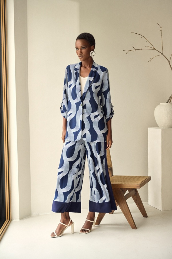 Joseph Ribkoff Midnight Blue & Vanilla Wide Leg Abstract
