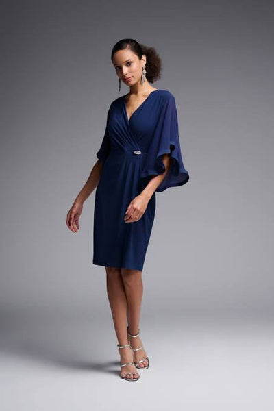 Joseph Ribkoff Midnight Blue Wrap Front Sheer Flutter Sleeve Dress Style 231771 - Tango Boutique