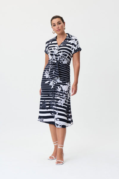 Joseph Ribkoff Midnight & Vanilla Print Front Tie Dress Style 232050 - Tango Boutique