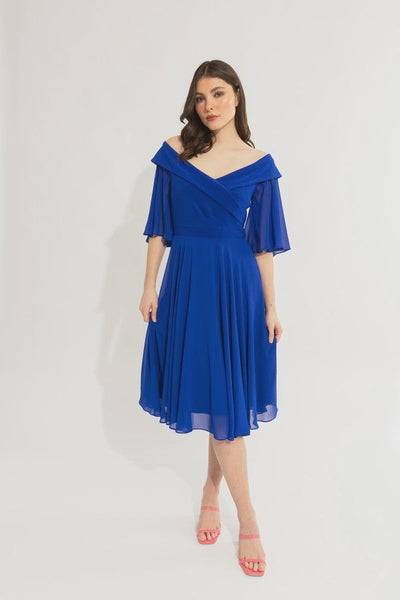 Joseph Ribkoff Sapphire Blue Off the Shoulder Chiffon Pleat Dress Style 231723 - Tango Boutique