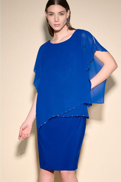 Joseph Ribkoff Sapphire Layered Chiffon Rhinestone Trim Dress Style 233757 - Tango Boutique