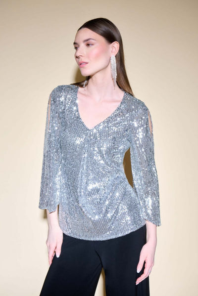 Joseph Ribkoff Silver Sequin Cut Out Sleeve Top Style 234701 - Tango Boutique
