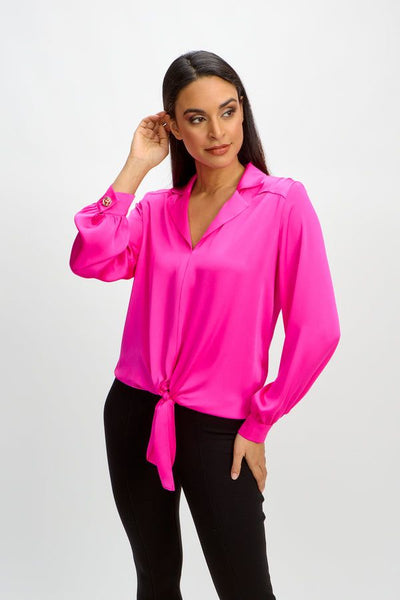 Joseph Ribkoff Ultra Pink Tie Detail Button Sleeve Blouse Style 241214 - Tango Boutique