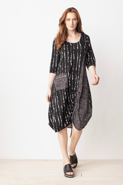 LIV Black Stripe Ruched Hem Pocket Dress Style 143507 - Tango Boutique