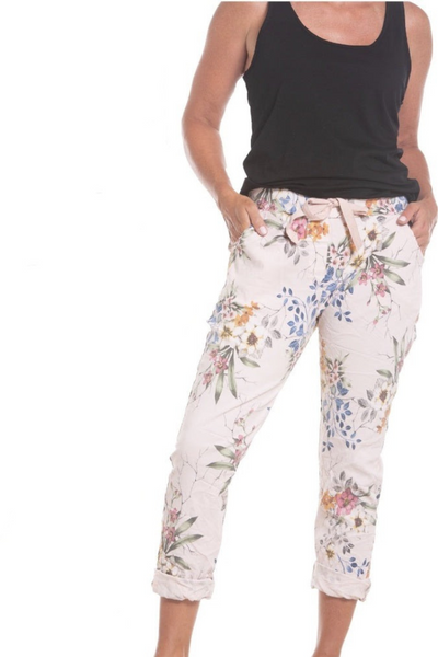 Made in Italy Pull On  Blush Floral Print Pant Style 5114 - Tango Boutique