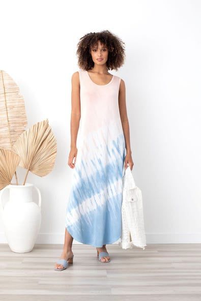 Tribal Peach Skin Tie Dye Sleeveless Maxi Dress Style 4913 - Tango Boutique
