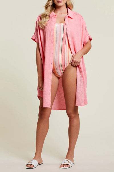 Tribal Pink Punch Button Down Shirt Dress Style 1373 - Tango Boutique